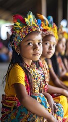 Young Girls in Colorful Traditional Headwear and Clothing