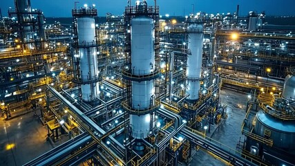 Poster - Illuminated industrial complex at dusk showcasing towering structures and intricate piping layout