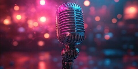 Poster - Neon microphone glowing sign on dark background karaoke music entertainment vibrant colors