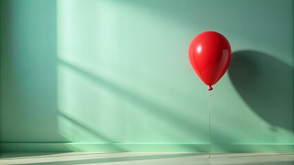 Wall Mural - A single red balloon floats gently against a serene mint green wall, bathed in soft sunlight