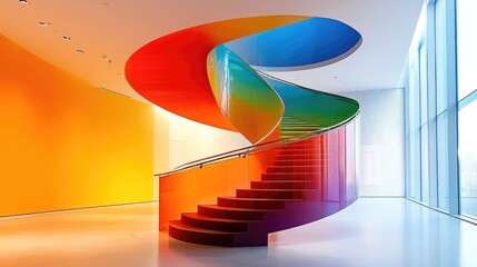 Poster - A rainbow-colored spiral staircase leading to an artistic gallery space.
