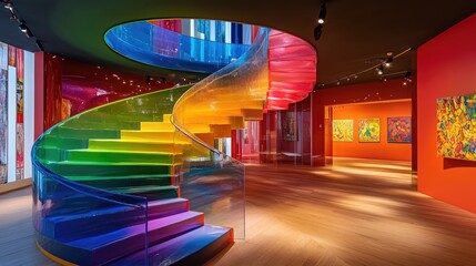 Poster - A rainbow-colored spiral staircase leading to an artistic gallery space.