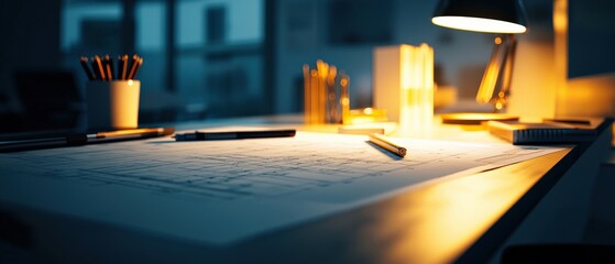 Aufkleber - sleek engineering workstation with a drafting table, rulers, and technical blueprints illuminated by warm lighting