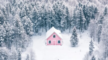 Poster - A small pink cabin surrounded by a snowy forest, creating a cozy winter vibe.