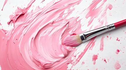 Poster - A splash of pink paint on a white canvas, with a paintbrush lying nearby.