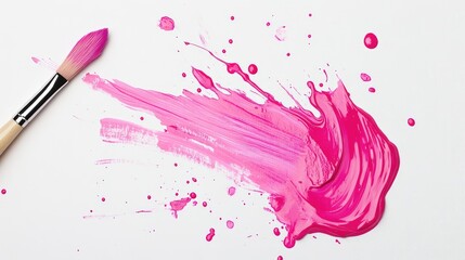 Poster - A splash of pink paint on a white canvas, with a paintbrush lying nearby.