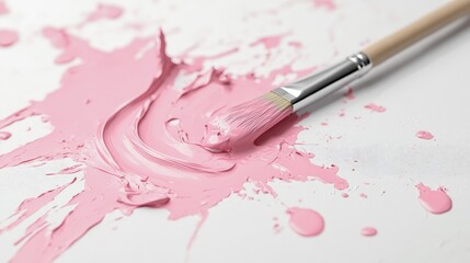 Poster - A splash of pink paint on a white canvas, with a paintbrush lying nearby.