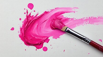 Poster - A splash of pink paint on a white canvas, with a paintbrush lying nearby.