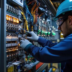 Poster - A man in a blue shirt and a hard hat is working on a large electrical panel
