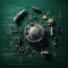 Aufkleber - A green electronic device with a gold button in the center