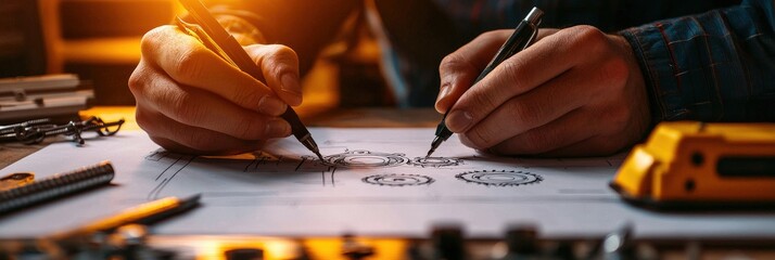 Aufkleber - An engineer sketching a gear mechanism blueprint on a drafting table with precision tools neatly arranged