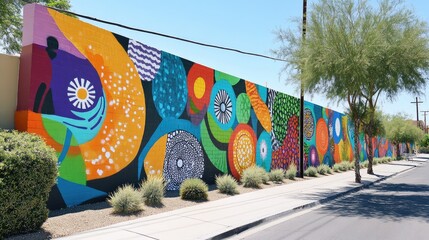 Poster - A vibrant city street mural with abstract patterns and bold colors covering an entire wall.