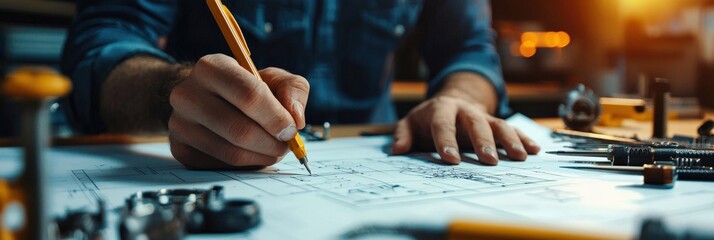 Aufkleber - An engineer sketching a gear mechanism blueprint on a drafting table with precision tools neatly arranged