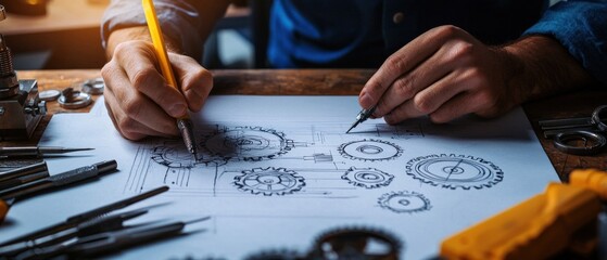 Aufkleber - An engineer sketching a gear mechanism blueprint on a drafting table with precision tools neatly arranged