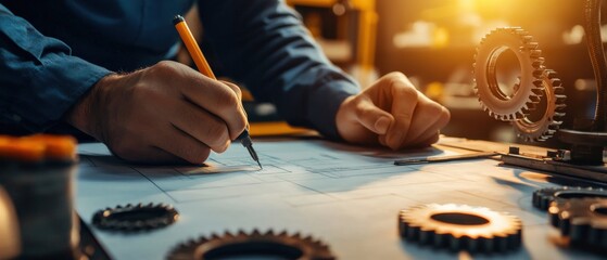 Aufkleber - An engineer sketching a gear mechanism blueprint on a drafting table with precision tools neatly arranged
