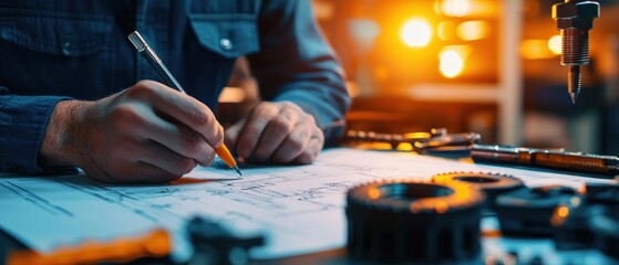 Aufkleber - An engineer sketching a gear mechanism blueprint on a drafting table with precision tools neatly arranged