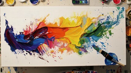Poster - A vibrant splash of colorful paint on a white canvas, with a palette and brushes nearby.