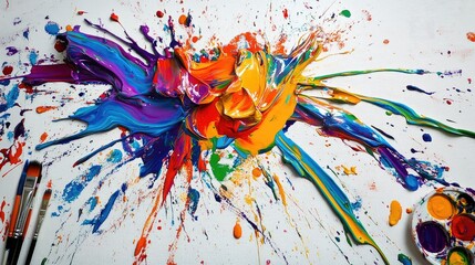 Poster - A vibrant splash of colorful paint on a white canvas, with a palette and brushes nearby.