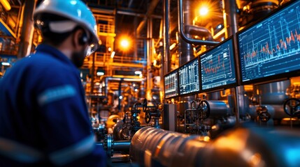 Aufkleber - A vibrant refinery control room showing flow rates and pressure charts on large monitors