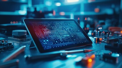 Aufkleber - A vibrant PCB design displayed on a tablet, surrounded by soldering tools and components on a clean workbench