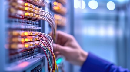 Poster - A technician wiring a high-voltage control panel inside a clean and modern industrial facility