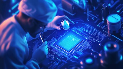 Aufkleber - A technician inspecting a microchip under a magnifying glass, surrounded by advanced tools in a laboratory