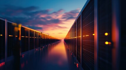 Leinwandbilder - A solar farm with rows of panels reflecting the clear sky, surrounded by energy storage systems