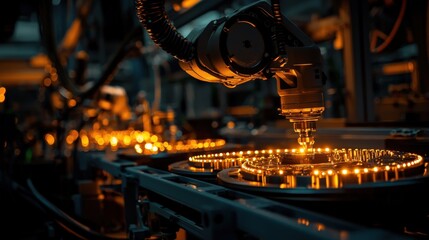 Aufkleber - A robotic arm assembling components on an automated assembly line under precise industrial lighting