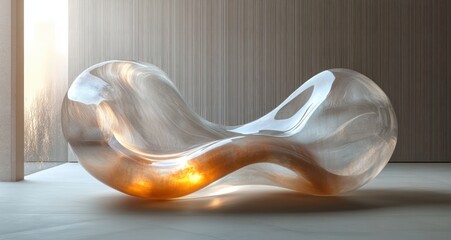 Poster - Minimalist translucent sculpture with curved lines and smooth textures in a colorful reflective light