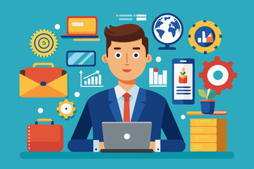 Wall Mural - Efficient office worker with tech tools