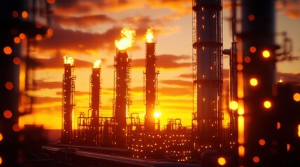 Aufkleber - A petrochemical refinery with brightly lit columns and pipelines under a twilight sky