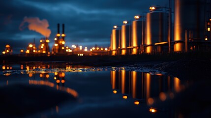 Aufkleber - A petrochemical refinery captured at night, with lights reflecting off stainless steel tanks and piping