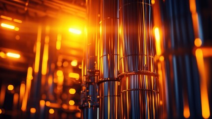 Aufkleber - A petrochemical refinery captured at night, with lights reflecting off stainless steel tanks and piping