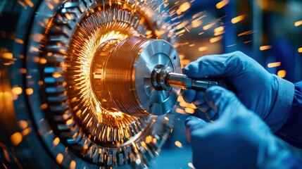 Aufkleber - A mechanical engineer inspecting a prototype motor casing using a torque wrench in a high-tech lab