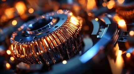 Poster - A hyperdetailed close-up of an electric motor internal structure, showing copper windings and connectors