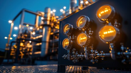 Aufkleber - A high-tech chemical processing plant with pipelines and gauges glowing under safety lights -