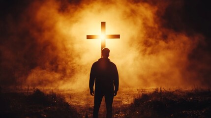 christian standing in front of the cross of jesus christ with bright light shining on it, concept of