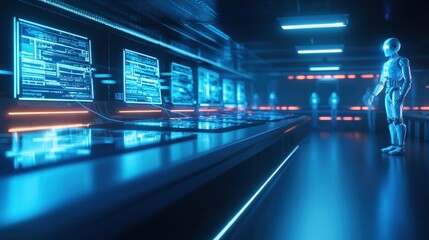 Poster - A futuristic robotics lab showcasing humanoid robots connected to diagnostic computers for testing AI functionality