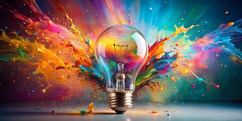 A vibrant lightbulb explodes with a kaleidoscope of colorful paint splatters, symbolizing creative energy and innovative thinking.