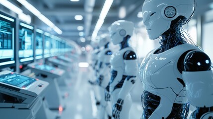 Aufkleber - A futuristic robotics lab showcasing humanoid robots connected to diagnostic computers for testing AI functionality