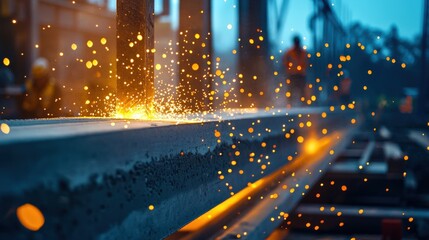 Poster - A close-up of reinforced concrete beams being installed on a construction site with dramatic lighting