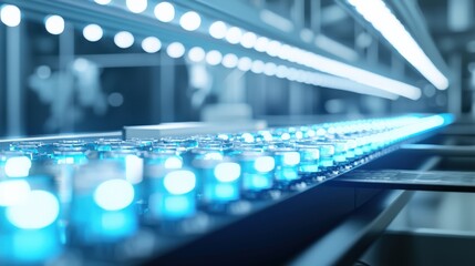 Poster - An industrial assembly line producing robotic components, illuminated by soft blue and white lights