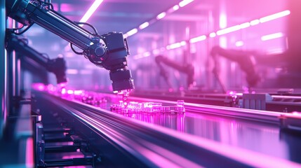 Aufkleber - An assembly line featuring robotic arms working on automotive components in a vibrant factory setting