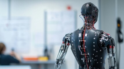 Aufkleber - A robotic exoskeleton prototype displayed on a testing rig with tools and notes in the background