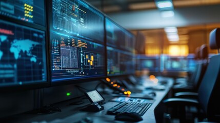 Poster - A modern smart grid control center with technicians monitoring power distribution on holographic screens