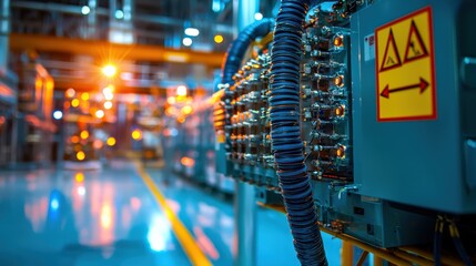Aufkleber - A high-voltage transformer surrounded by warning signs and brightly colored cables in a testing facility