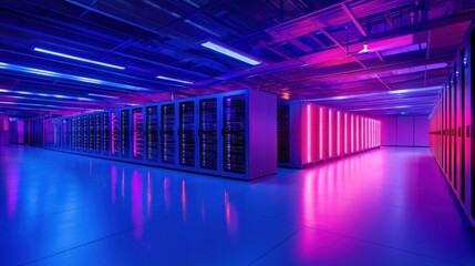 Poster - A data center with rows of illuminated servers and technicians monitoring performance on tablets