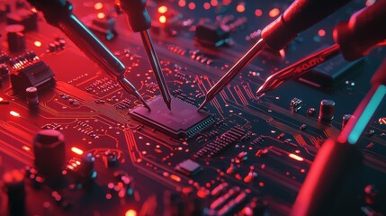 Aufkleber - A circuit board being soldered by an engineer with hyperdetailed tools and wires scattered around