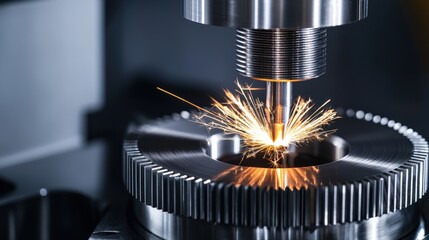 Aufkleber - A CNC machine producing a metallic gear, with sparks flying and detailed textures of the cutting process