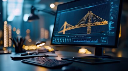 Fototapete - A CAD software interface displaying a 3D model of a bridge design, with a tablet and tools beside the workstation